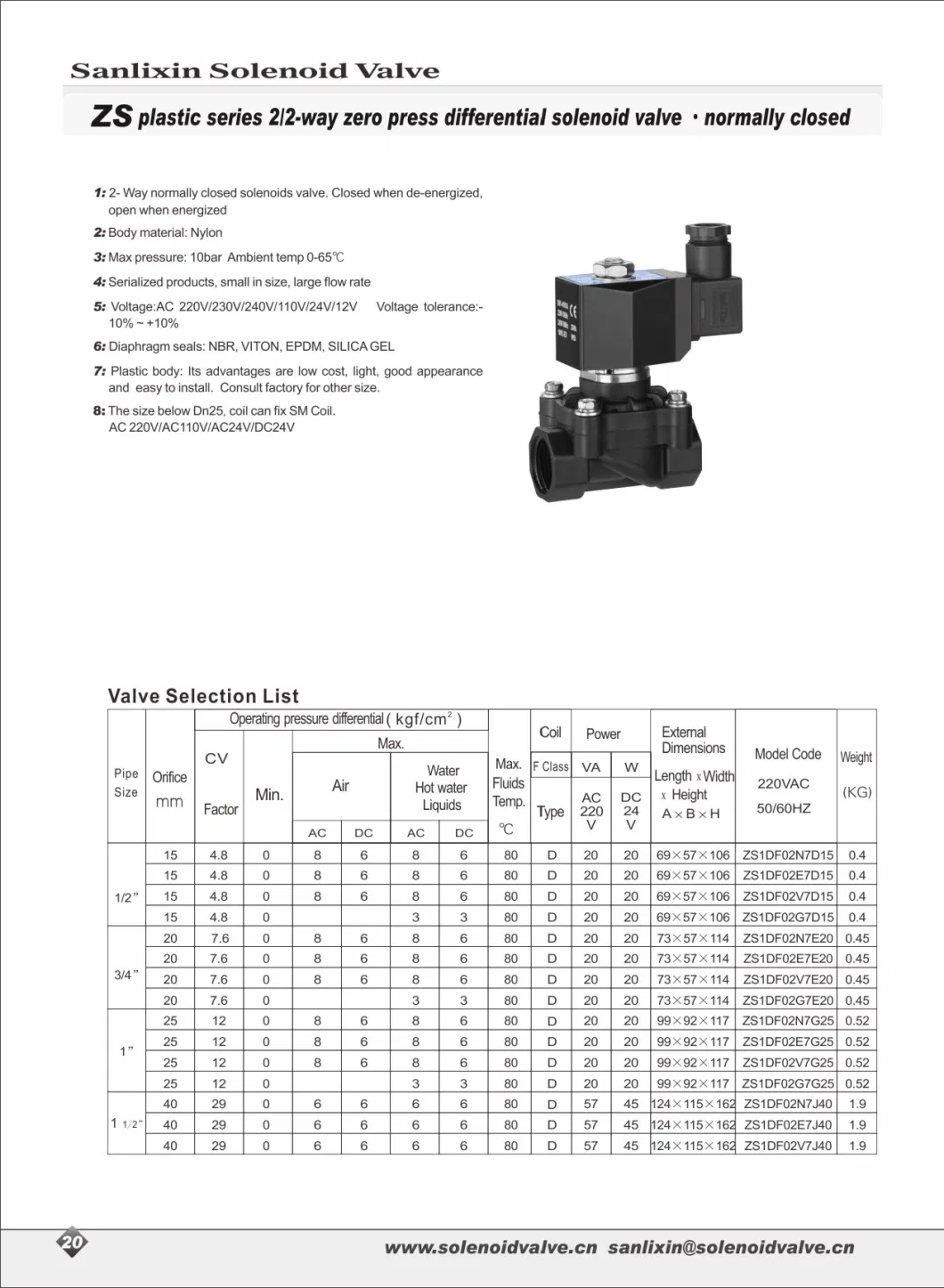 Plastic Direct Acting Normally Closed Solenoid Valve for Water Air